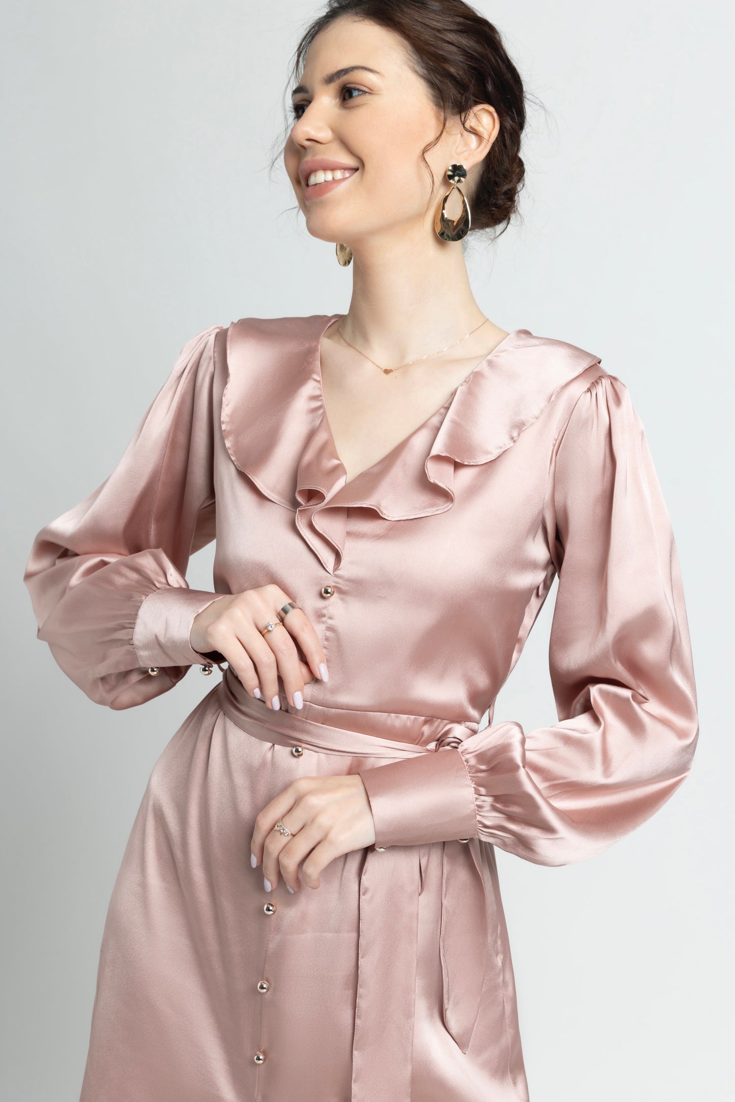 Rose Gold Ruffle V Midi Dress