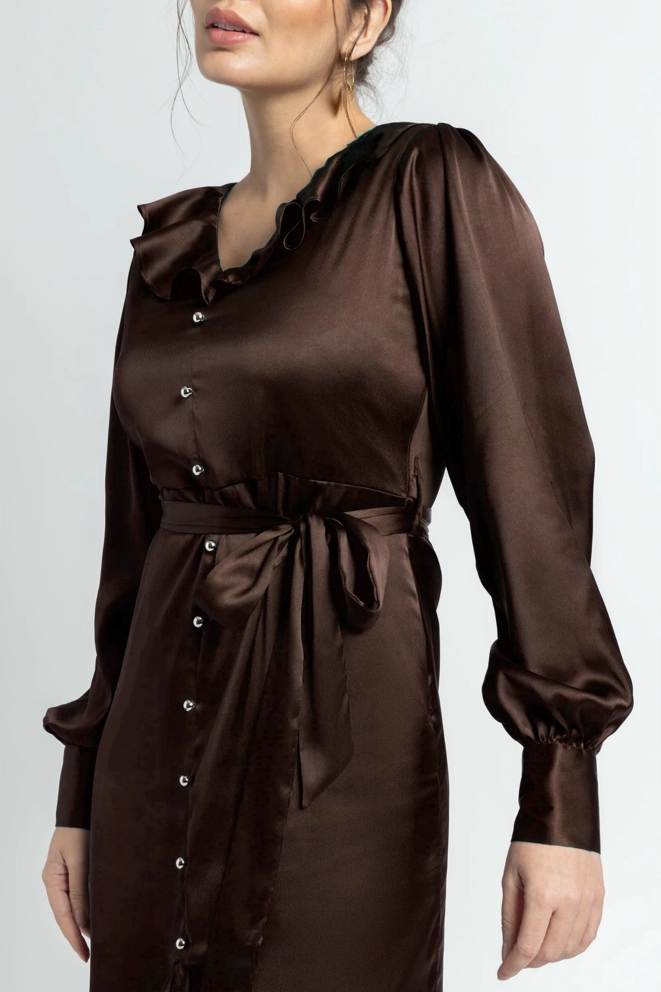Choco Lustre Ruffle Midi Dress