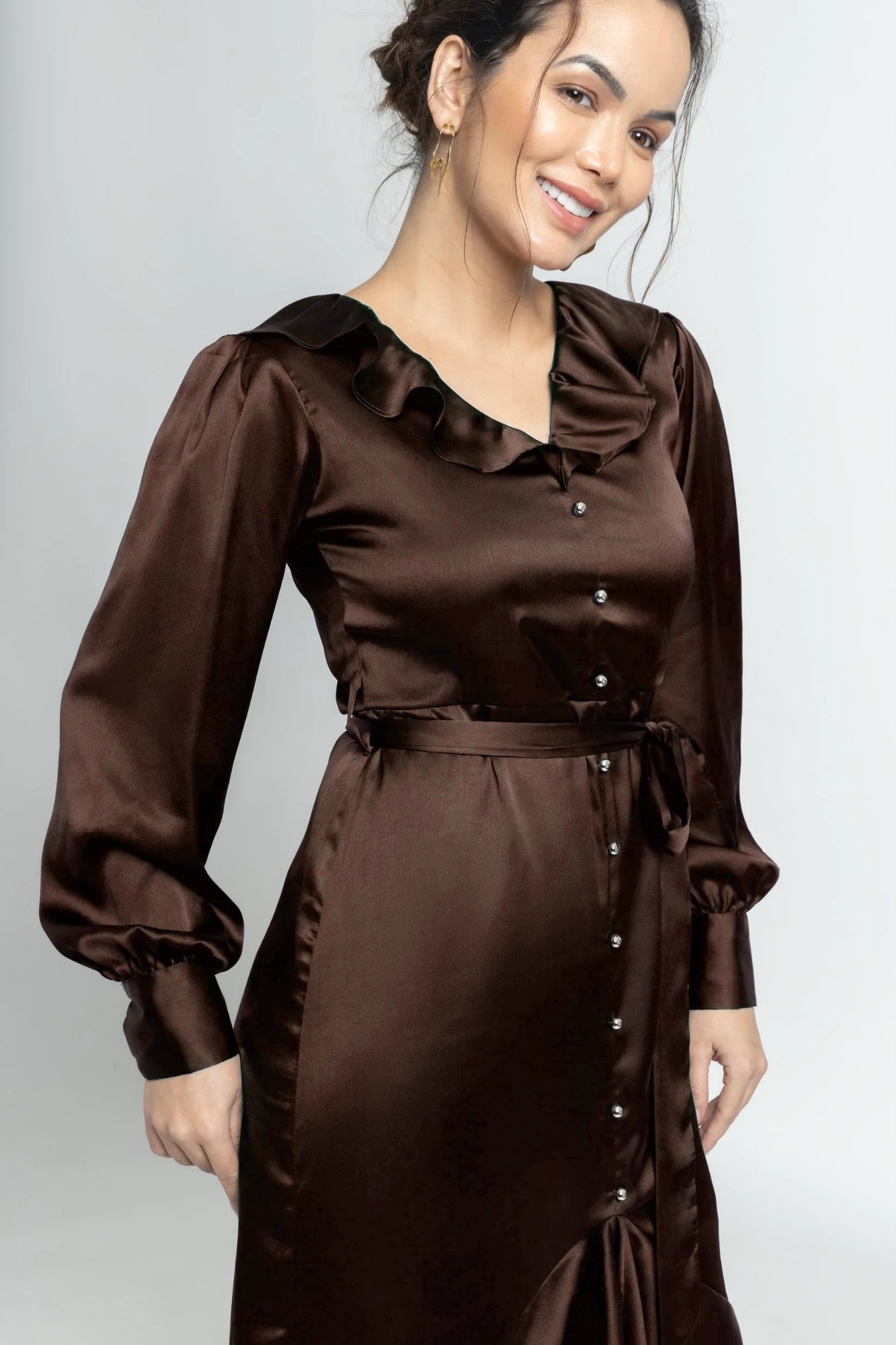 Choco Lustre Ruffle Midi Dress