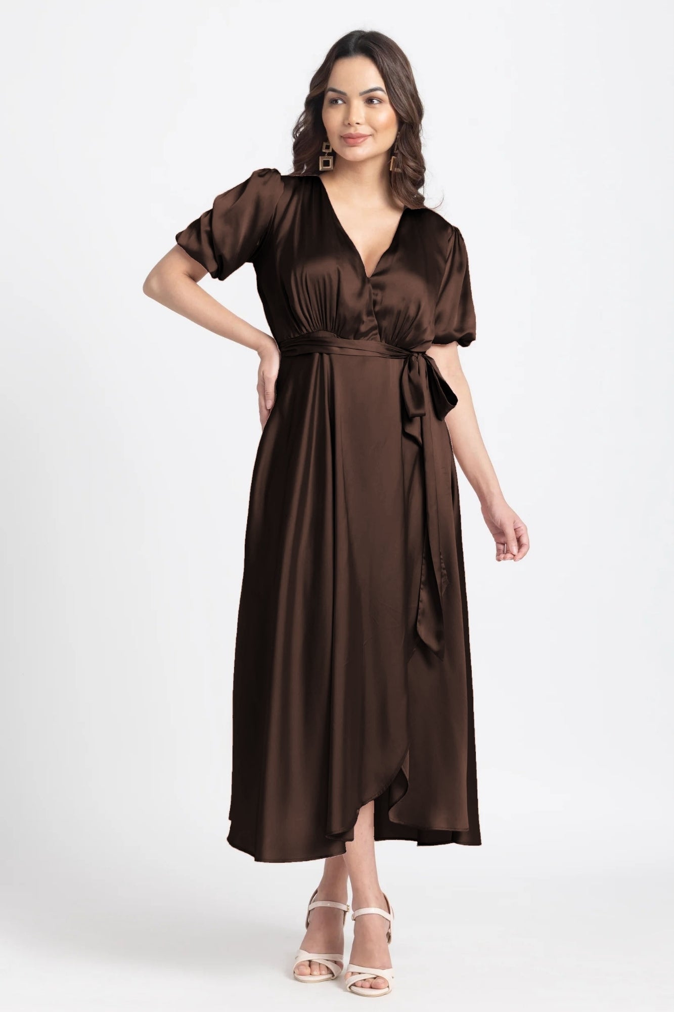 Choco Lustre Surplice Midi Dress – JULO