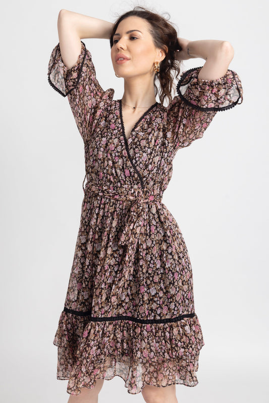 Cocoa Blossom Surplice Mini Dress