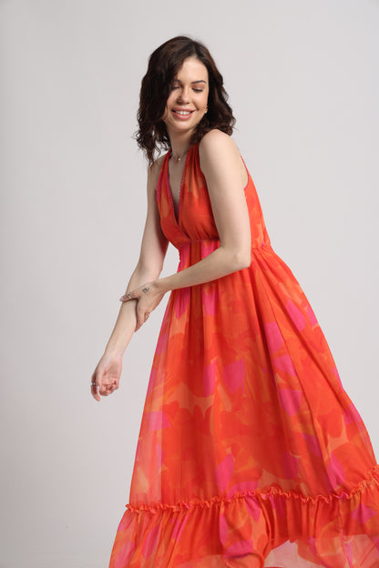 Playful Orange Surplice Maxi Dress