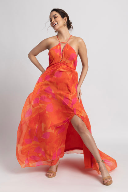 Playful Orange Strap Maxi Dress