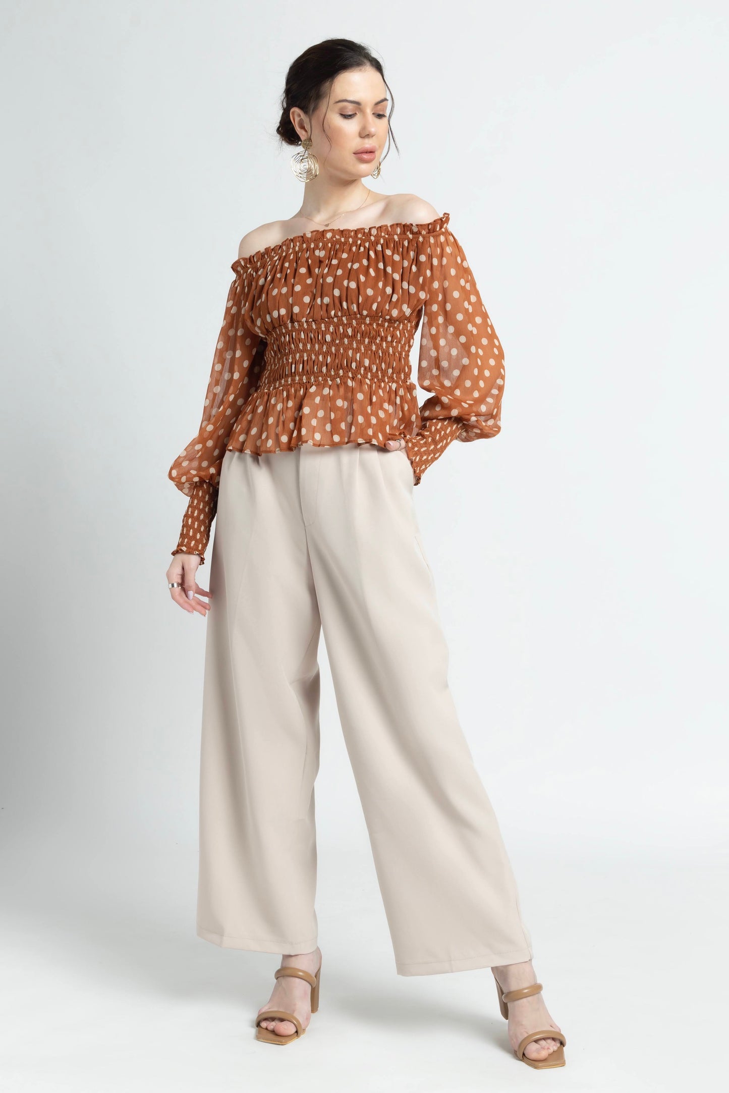 Brown Polka Off-Shoulder Top