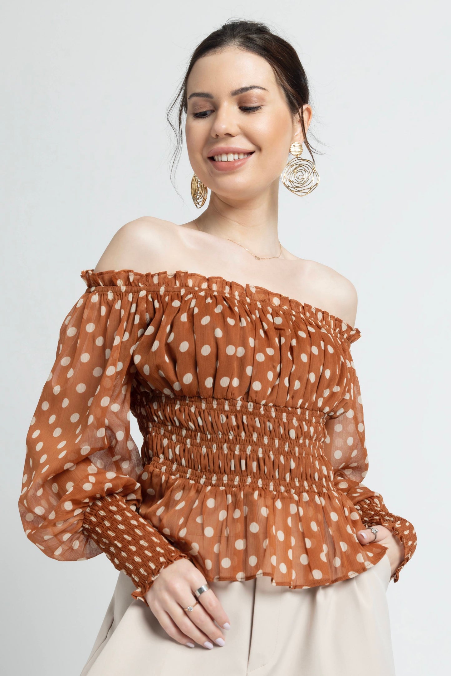 Brown Polka Off-Shoulder Top