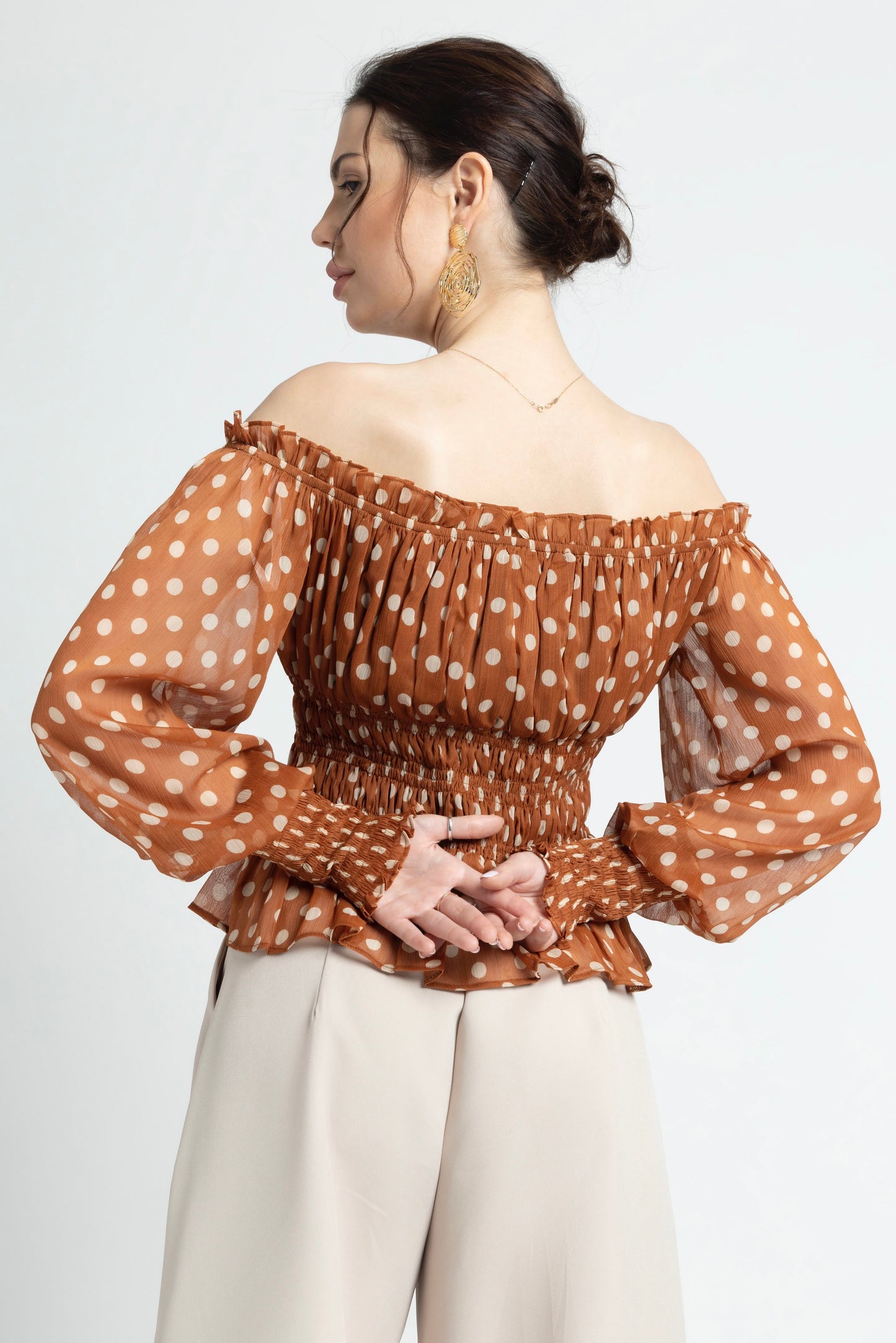 Brown Polka Off-Shoulder Top