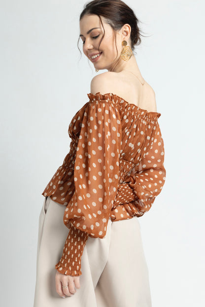 Brown Polka Off-Shoulder Top