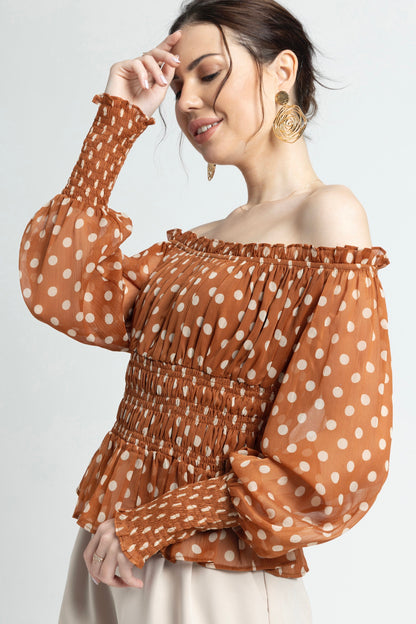 Brown Polka Off-Shoulder Top