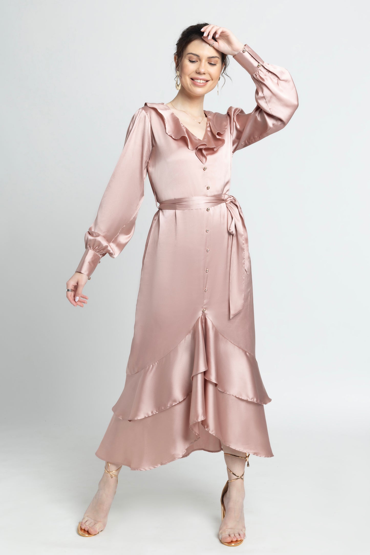 Rose Gold Ruffle V Midi Dress