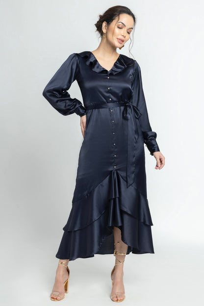 Navy Nights Ruffle Midi Dress