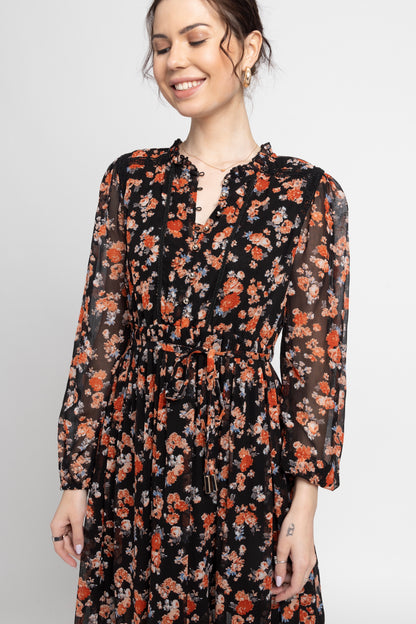 Black Blossom Midi Dress