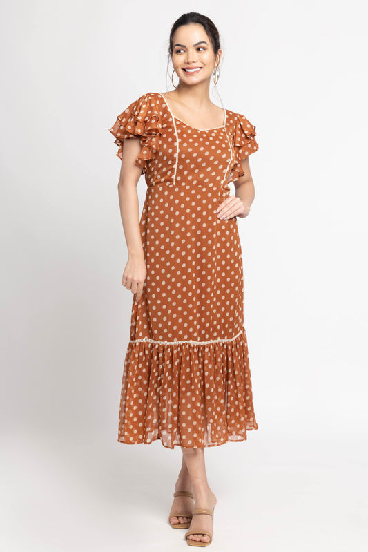 Brown Polka Midi Dress