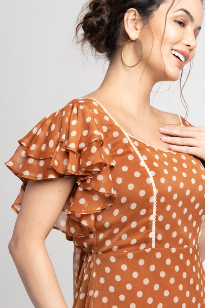 Brown Polka Midi Dress