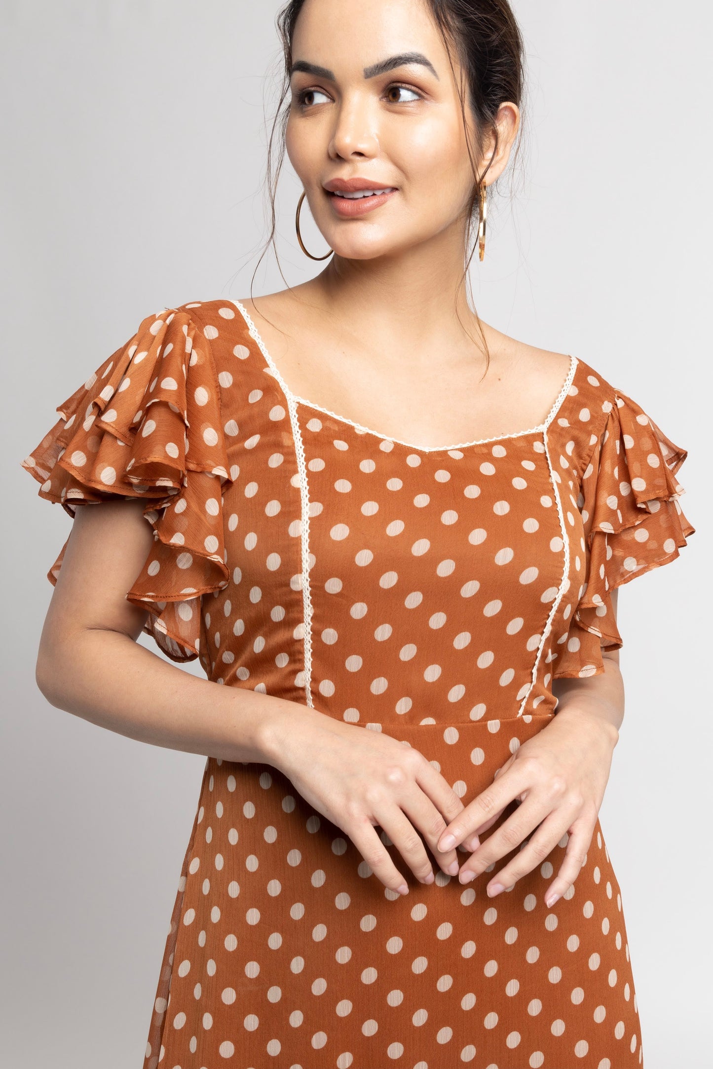 Brown Polka Midi Dress