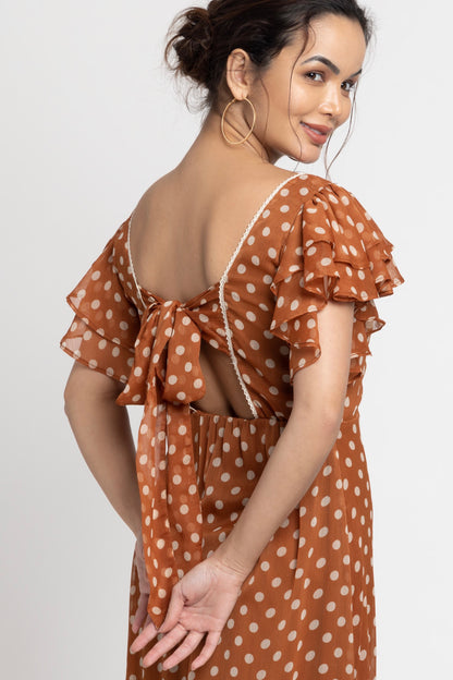 Brown Polka Midi Dress