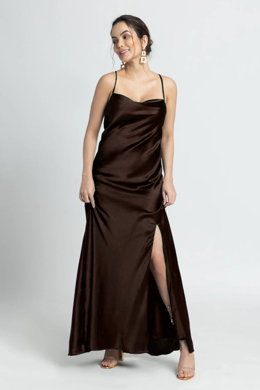 Choco Lustre Cowl Maxi Dress