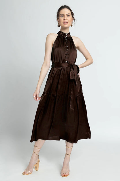 Choco Lustre Halterneck Midi Dress