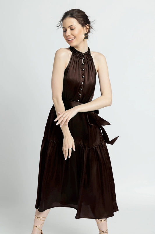 Choco Lustre Halterneck Midi Dress