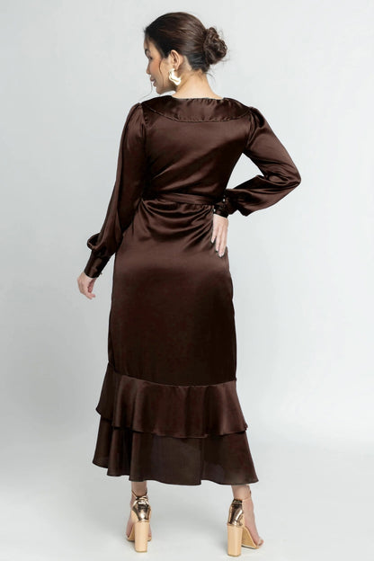 Choco Lustre Ruffle Midi Dress