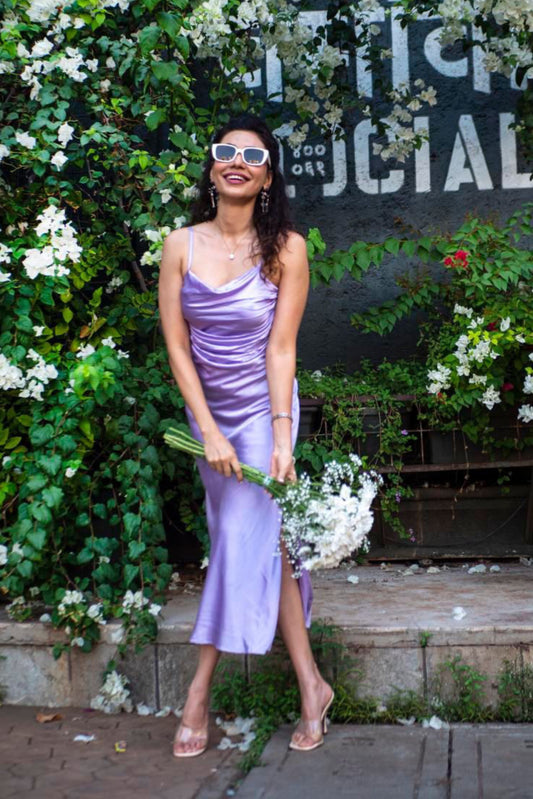 Lavender Elegance Cowl Midi Dress