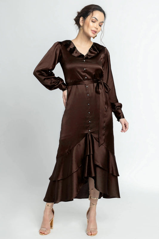 Choco Lustre Ruffle Midi Dress