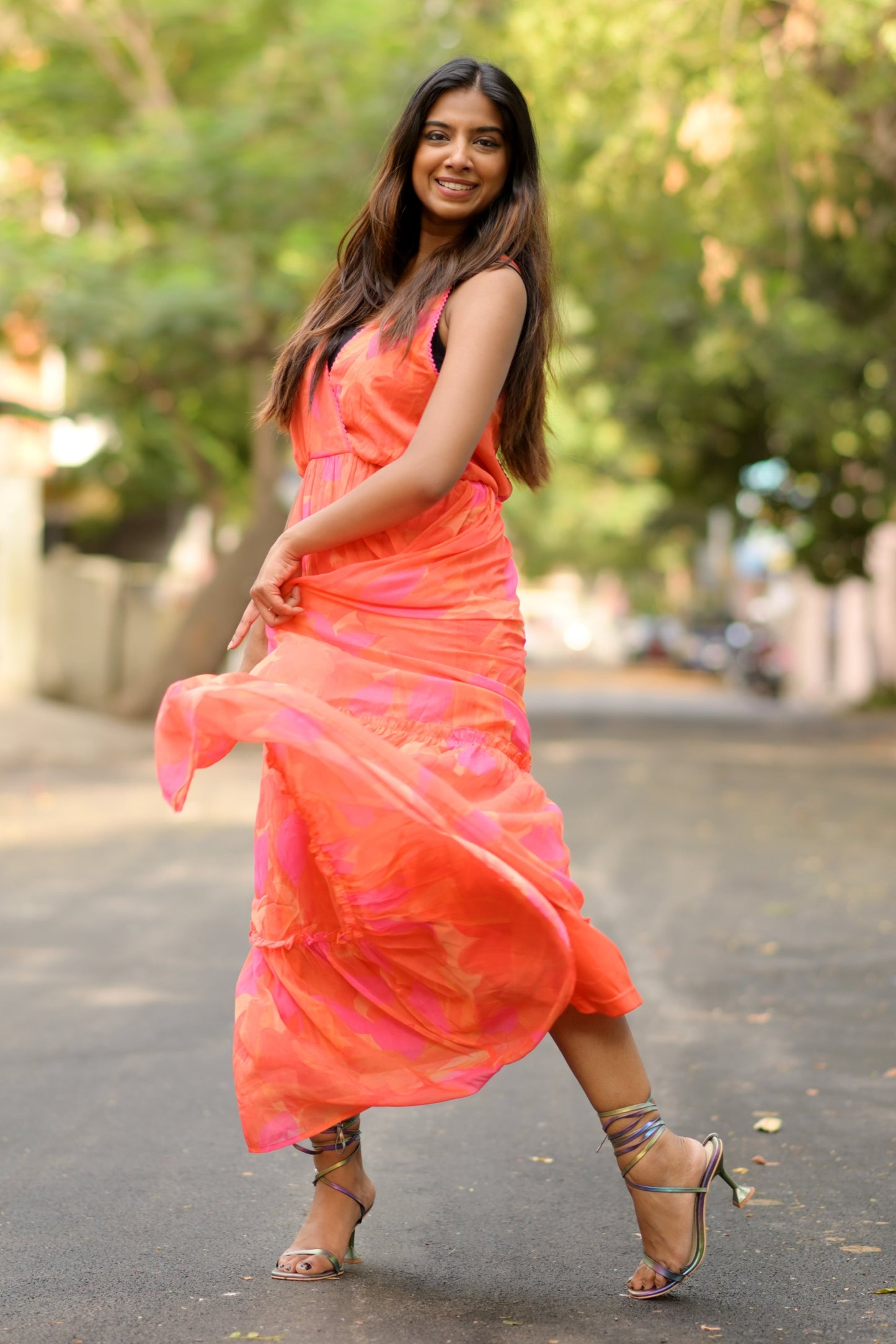 Playful Orange Surplice Maxi Dress