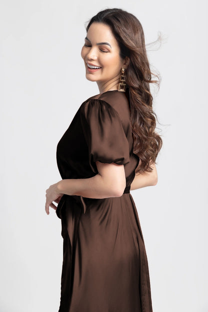 Choco Lustre Surplice Midi Dress