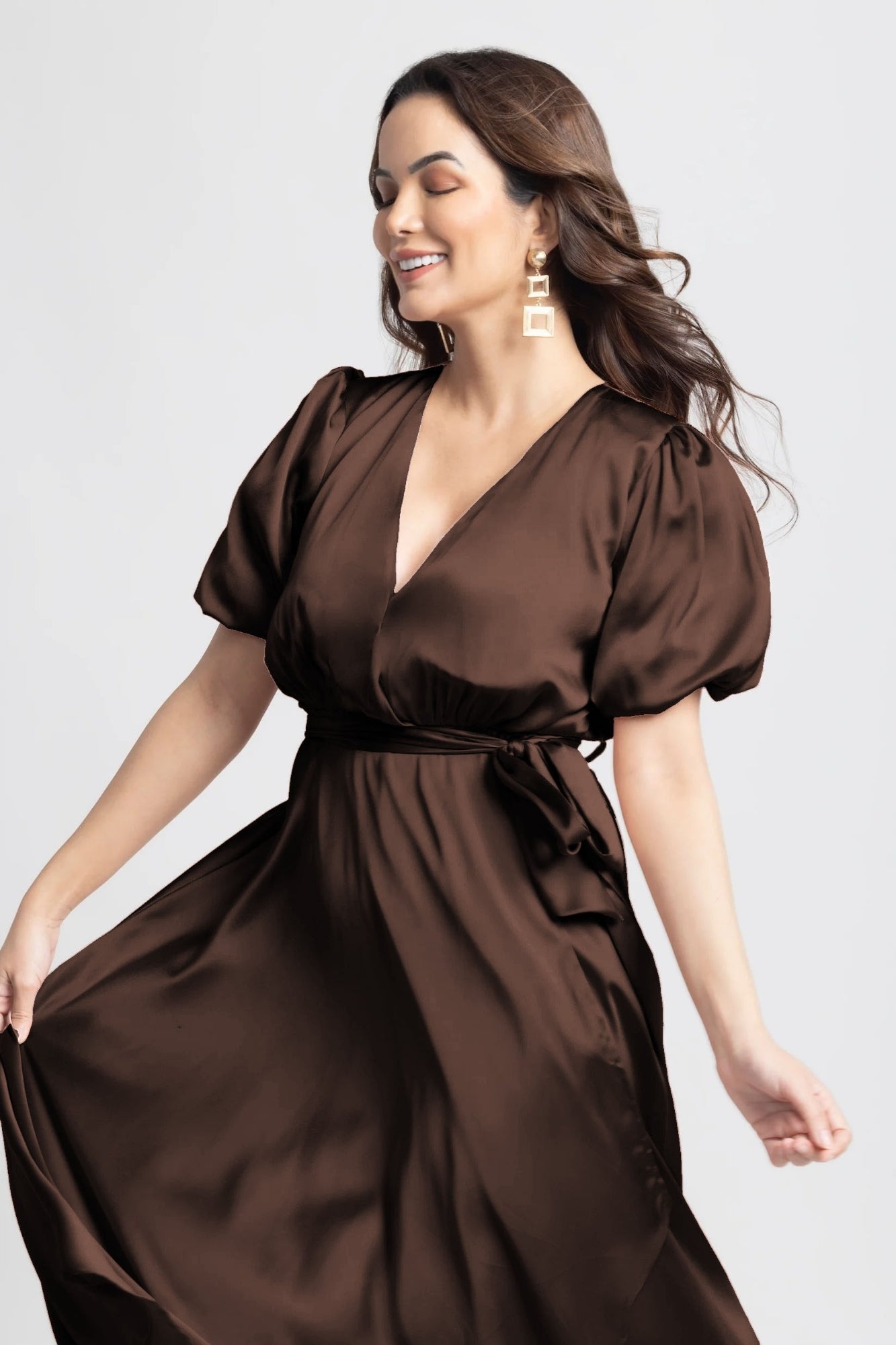 Choco Lustre Surplice Midi Dress