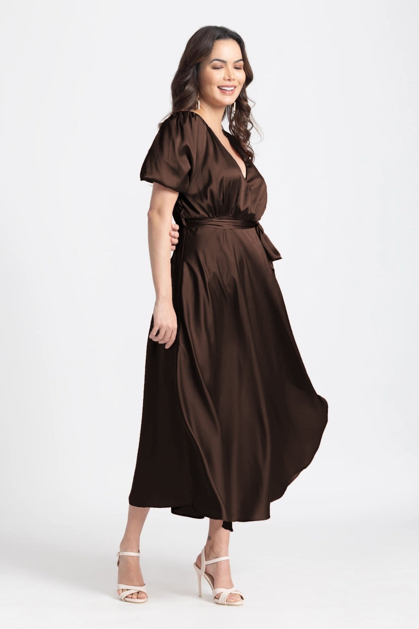 Choco Lustre Surplice Midi Dress