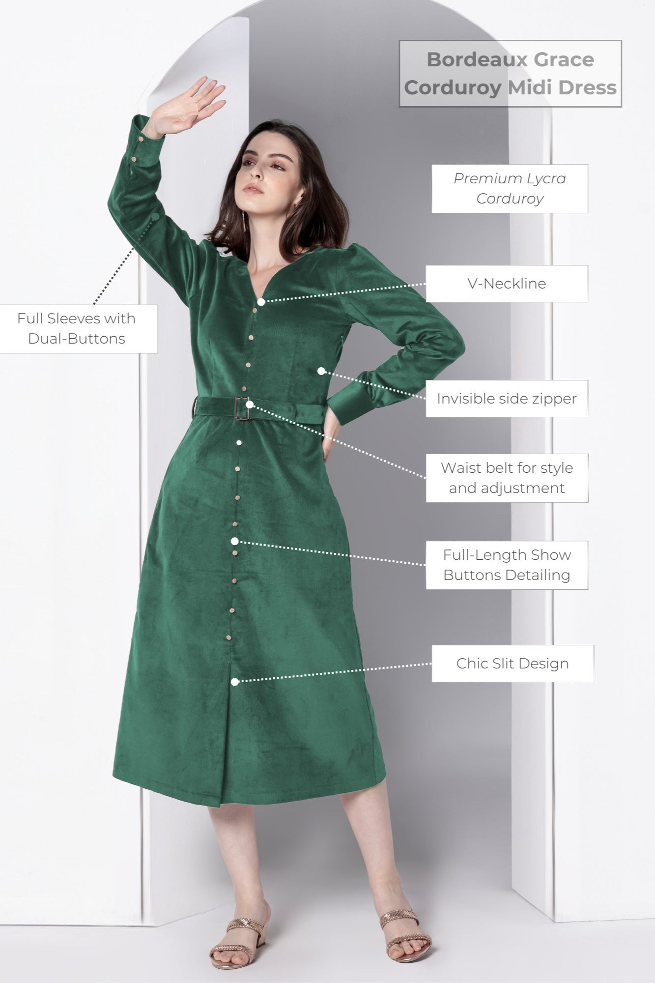 Emerald Grace Corduroy Midi Dress