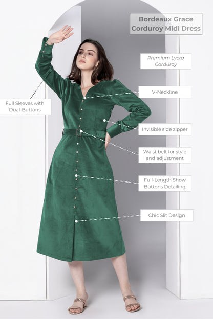 Emerald Grace Corduroy Midi Dress