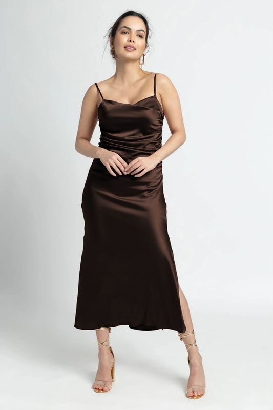 Choco Lustre Cowl Midi Dress