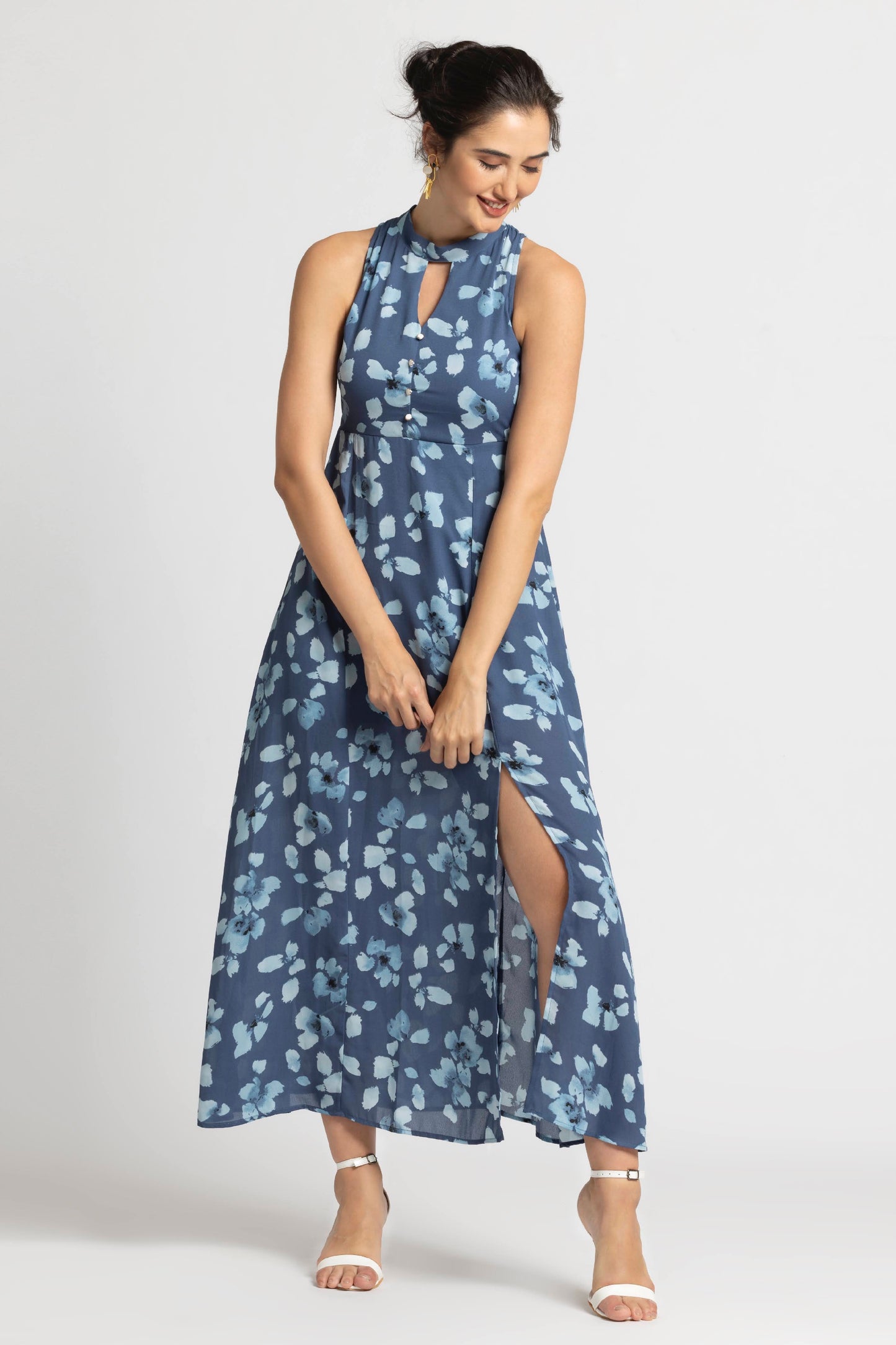 Floral Waterfall Halterneck Maxi Dress