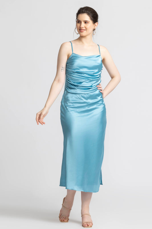 Turquoise Blue Cowl Midi Dress