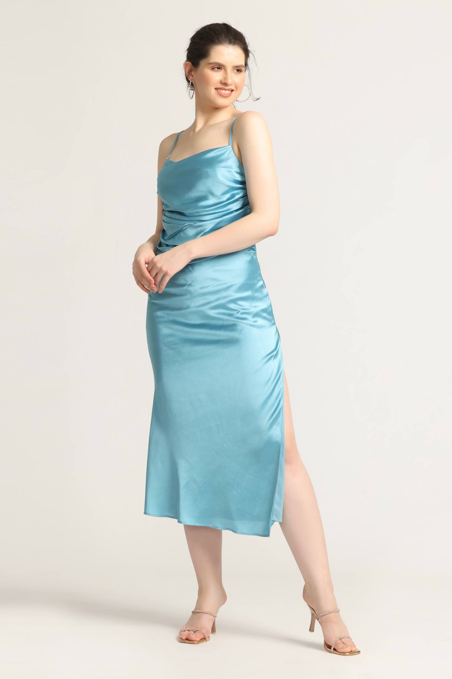 Turquoise Blue Cowl Midi Dress