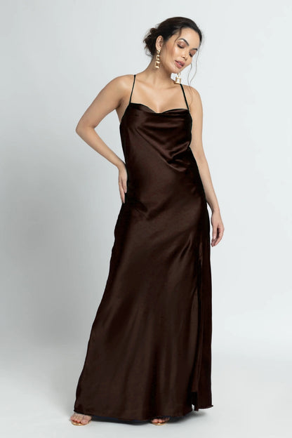Choco Lustre Cowl Maxi Dress