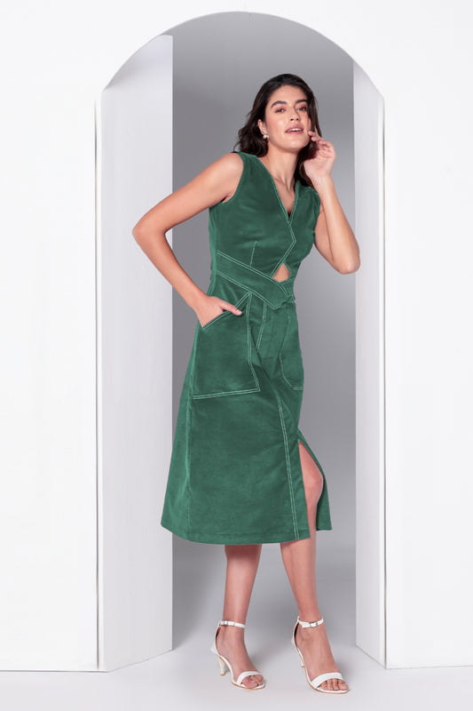 Emerald Poise Corduroy Midi Dress