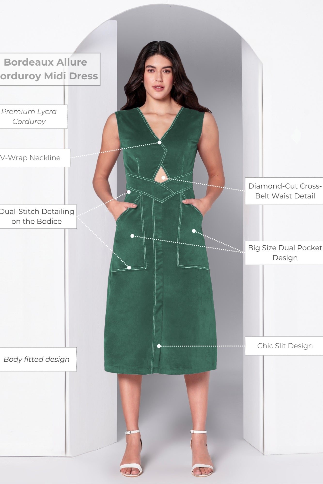 Emerald Poise Corduroy Midi Dress