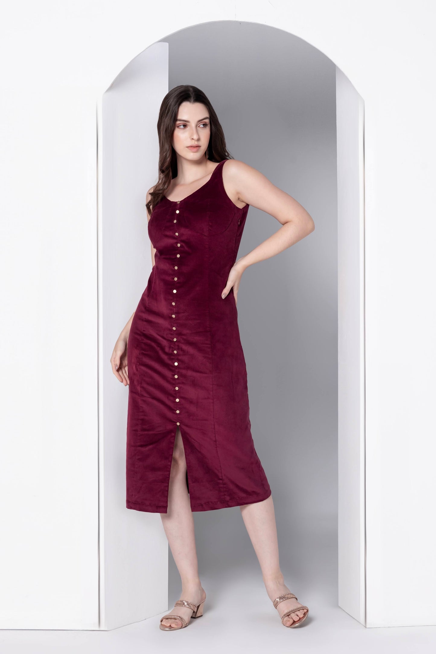 Bordeaux Bliss Corduroy Midi Dress