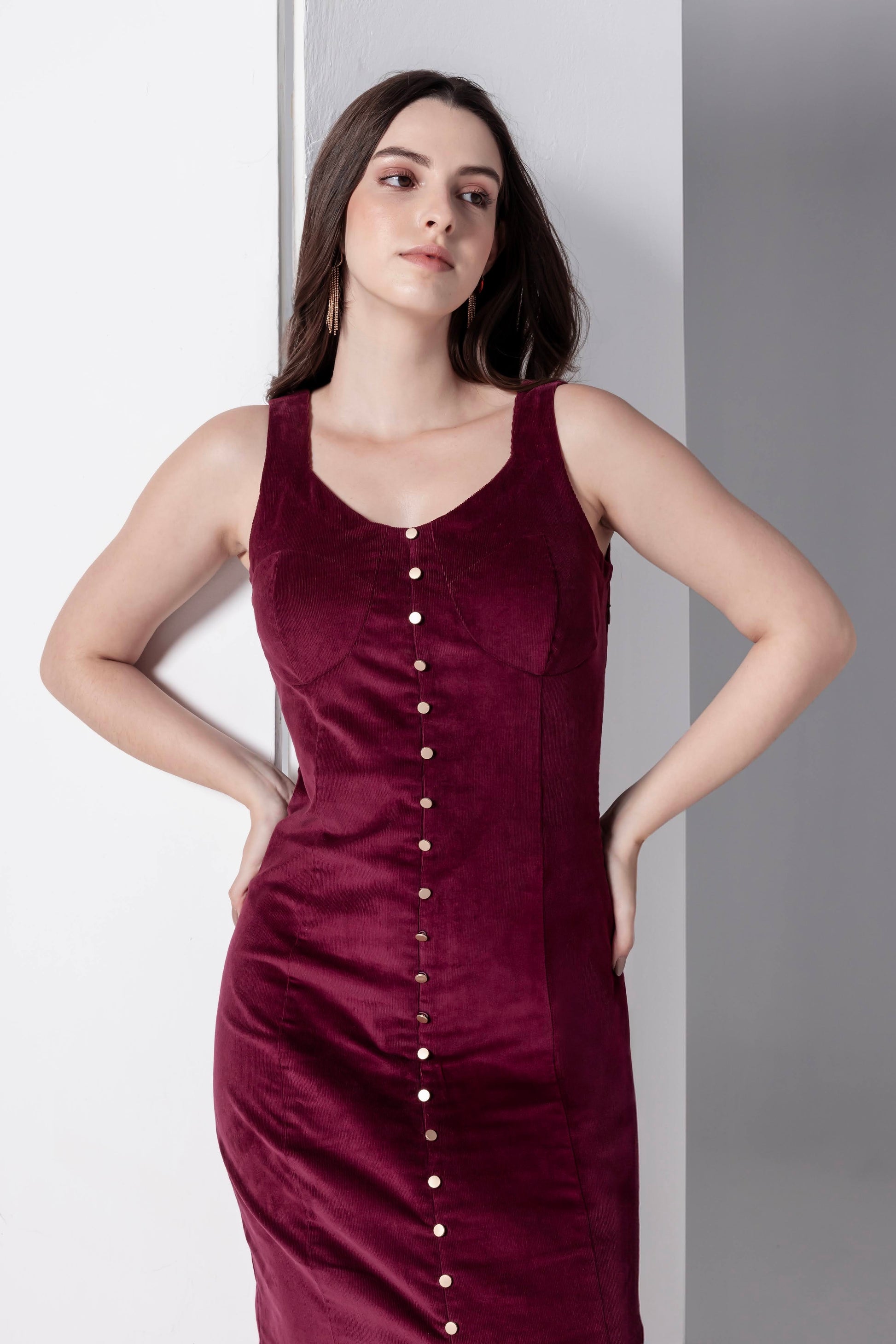 Bordeaux Bliss Corduroy Midi Dress JULO Bordeaux Bliss Corduroy Midi Dress JULO