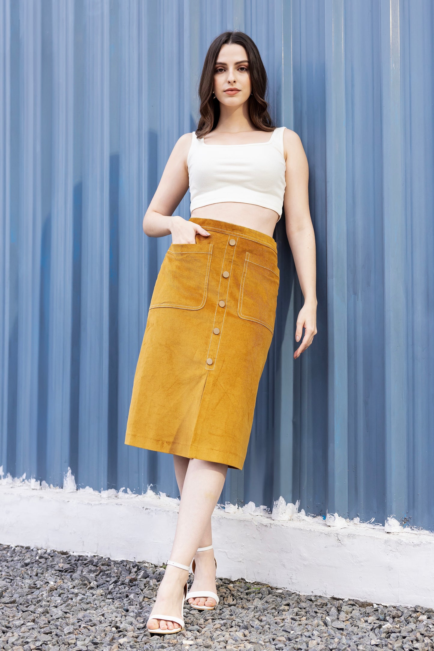 Mustard Charm Corduroy Midi Skirt