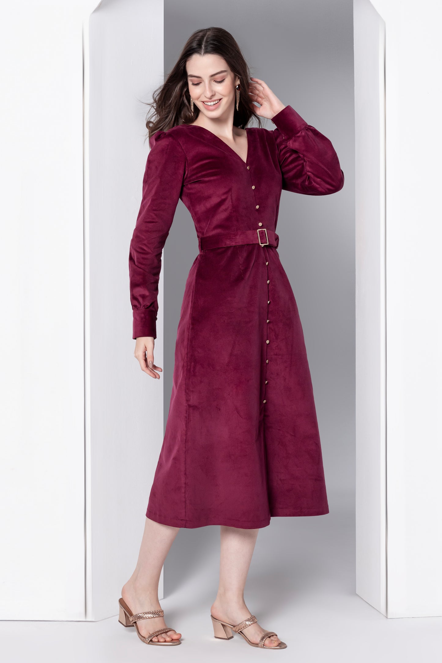 Bordeaux Grace Corduroy Midi Dress