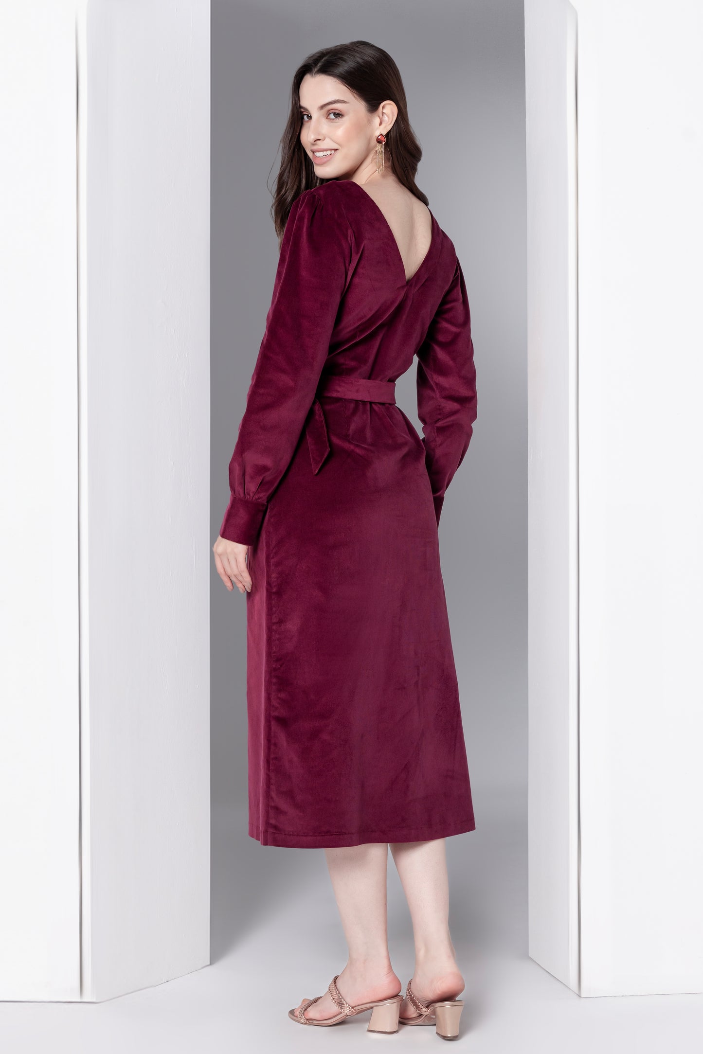 Bordeaux Grace Corduroy Midi Dress