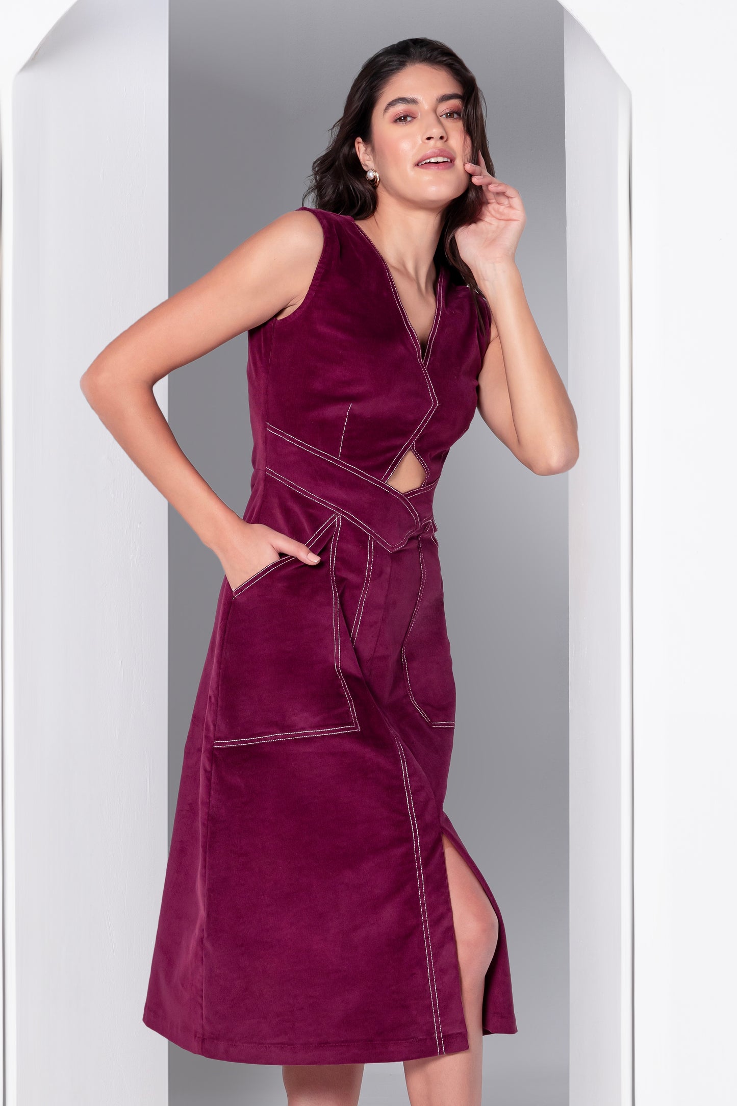 Bordeaux Allure Corduroy Midi Dress