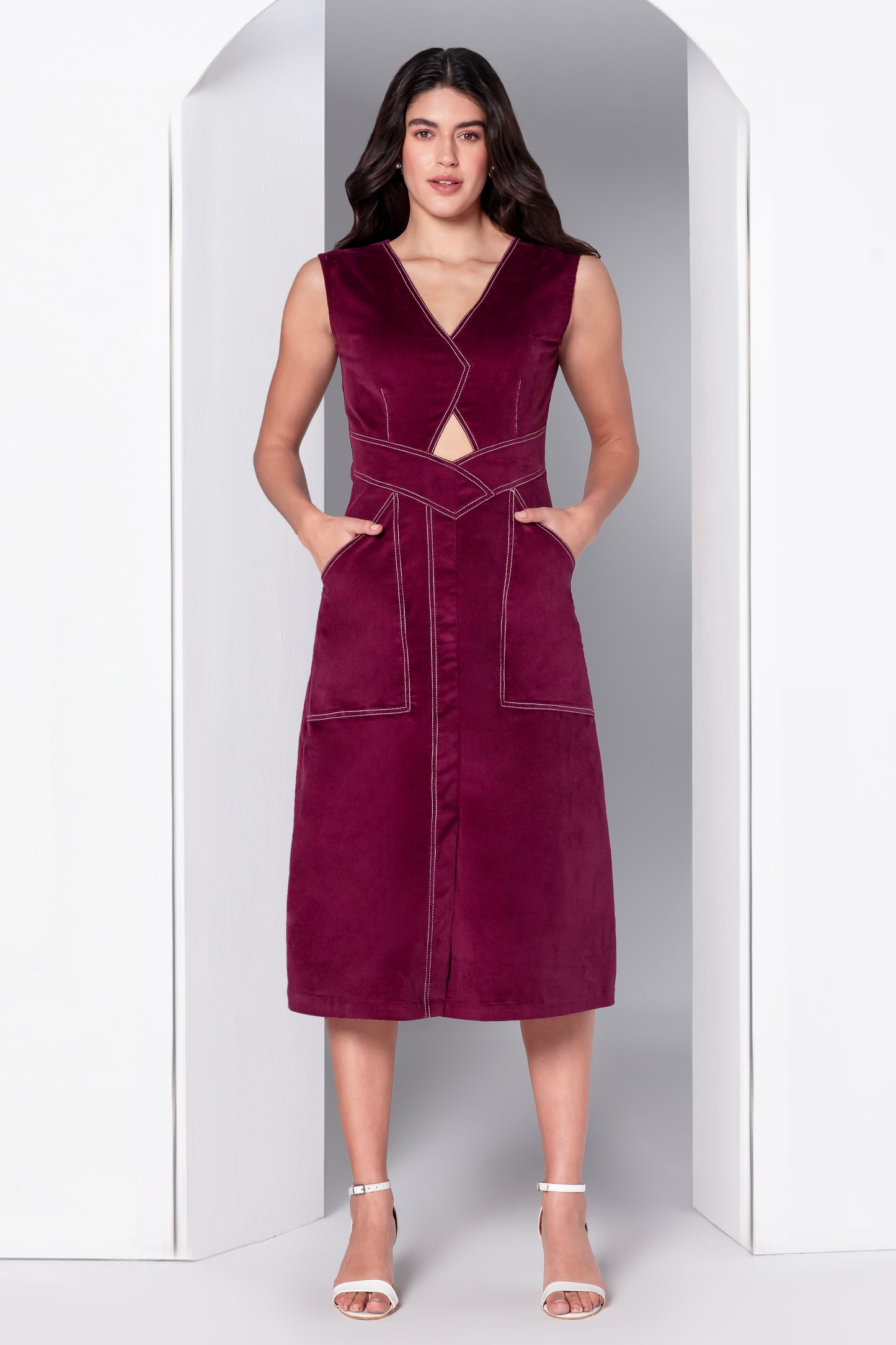 Bordeaux Allure Corduroy Midi Dress